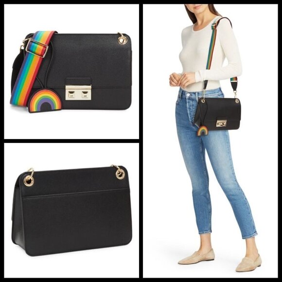 💕FURLA💕 Rainbow Leather Shoulder Bag ~ Black Multi-Color Leather - Picture 1 of 15